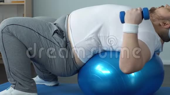 胖乎乎的单身汉做手臂练习哑铃躺在球上燃烧卡路里视频的预览图