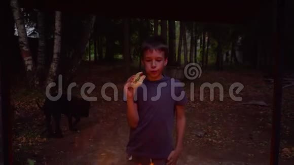 暑假期间可爱的男孩在树林里的房子旁吃着美味的三明治视频的预览图