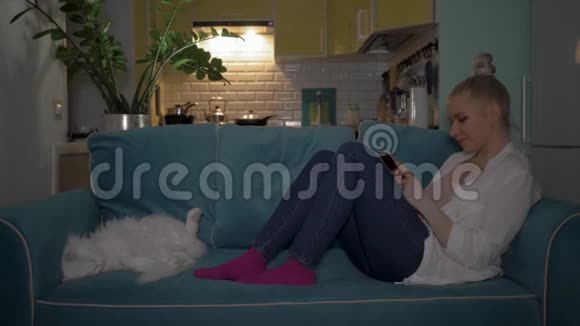 一个年轻的女人晚上和一只猫坐在沙发上用电话4K视频的预览图