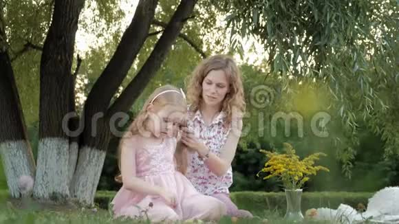 快乐的母亲为女儿梳头日落时分一家人在城市公园野餐视频的预览图