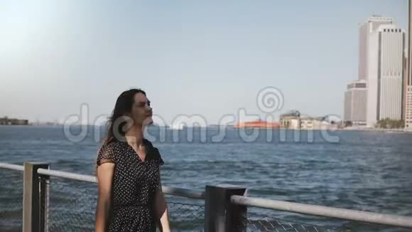 令人惊叹的全景快乐的欧洲妇女与飞毛漫步在著名的曼哈顿岛河岸天际线视频的预览图