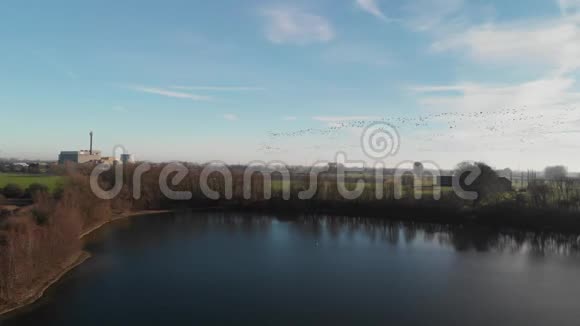 数百只大雁飞过湖面在背景中你可以看到仙境卡尔鸟瞰图视频的预览图