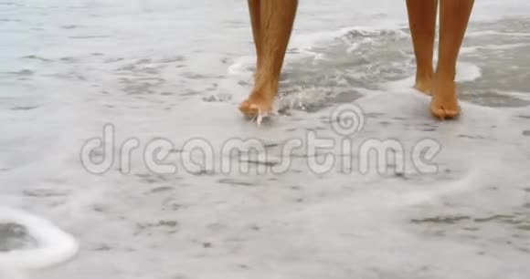一对夫妇手牵手在海滩上散步4k视频的预览图