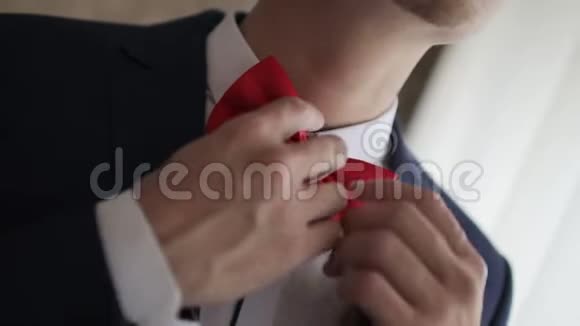 人调整红蝴蝶结特写男性手调整白色衬衫的红色领结视频的预览图