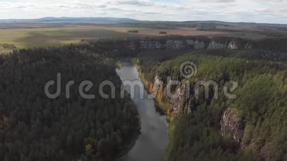 缓慢的空中飞行越过一条平缓的山河松林摄像机倾斜下来视频的预览图