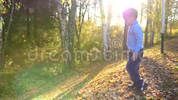 一个孩子在秋天的公园里跑步和玩耍这个男孩在笑他喜欢在黄叶上跑视频的预览图