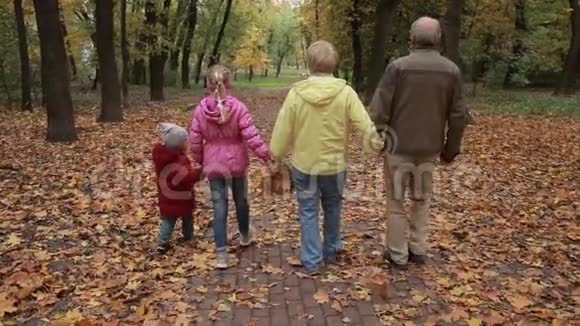 祖父母带着孩子走在秋路上视频的预览图