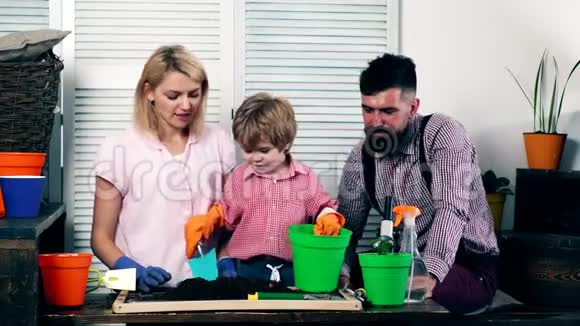 这个男孩和他的父母一起用铲子把土倒在罐子里以便在里面种花概念视频的预览图