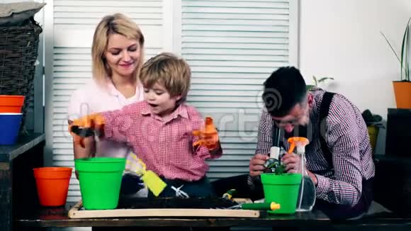 该户种植苗木采用彩盆幼苗的概念孩子他的妈妈和爸爸玩得很开心视频的预览图