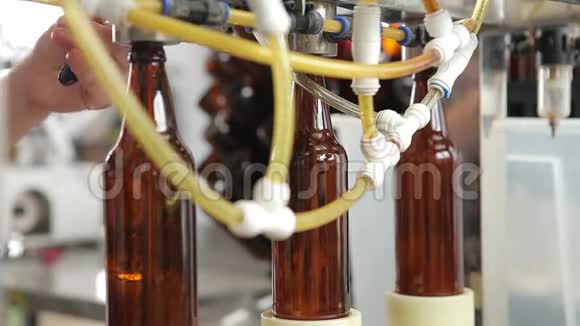 在一家啤酒厂一台机器装满了一瓶啤酒后台的机器操作员控制流程特写镜头视频的预览图