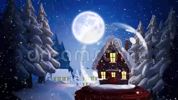 明亮的小屋和月亮可爱的圣诞动画视频的预览图