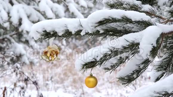 冬天在森林里下雪树枝上挂着圣诞球玩具在风中摇曳视频的预览图