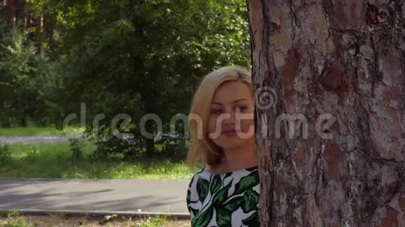 有魅力的女人用手触摸松树的树皮四处走动视频的预览图