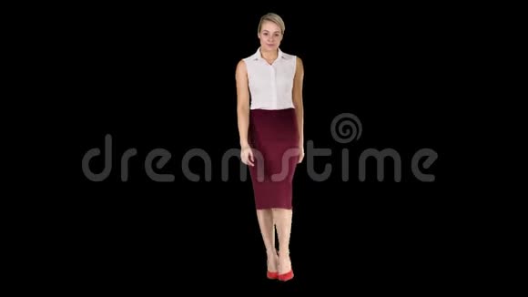 美丽的黑发女子商务办公风格时尚服装步行和微笑到相机阿尔法频道视频的预览图