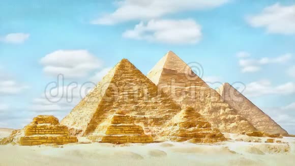埃及开罗吉萨谷大金字塔的时间推移金字塔上的日落水彩程式化视频视频的预览图