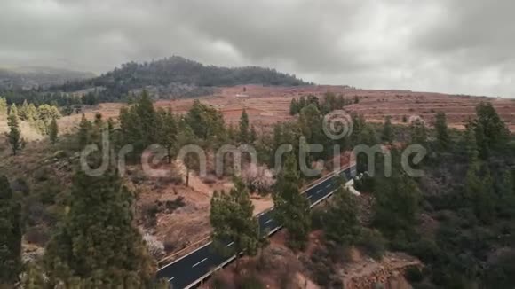 空中射击树梢上的摄像头汽车开着一条新的沥青路通向远山新鲜的白色道路视频的预览图