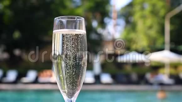 度假期间在豪华度假酒店的泳池边为客人提供近景的白色香槟或普罗塞克玻璃提供起泡葡萄酒视频的预览图