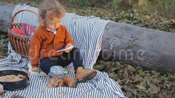 小可爱的宝贝在野餐时玩电话视频的预览图