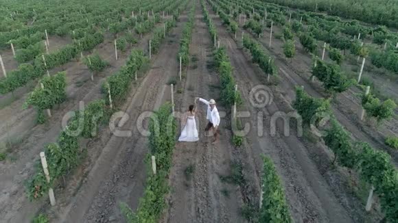 浪漫的农场夫妇在葡萄园跳舞慢动作鸟瞰视频的预览图
