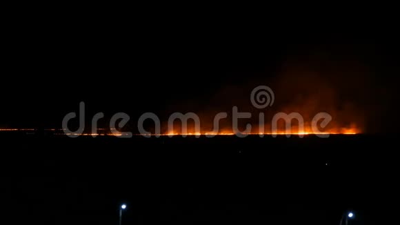 可怕的野火在地平线上的夜晚在田野视频的预览图