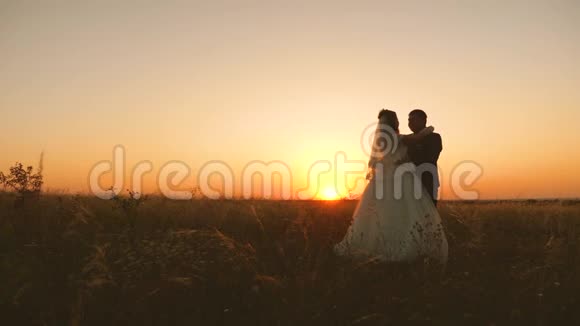 快乐的新娘和新郎在灿烂的阳光下拥抱新婚夫妇互相拥抱站在田野里反对视频的预览图