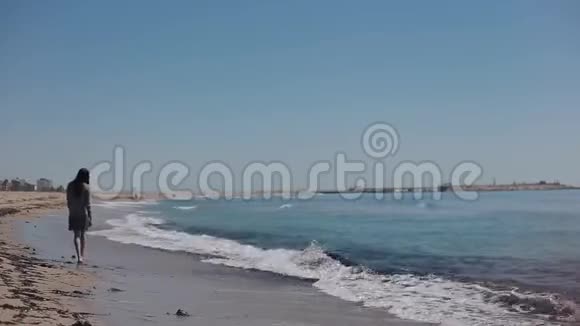 一个美丽的苗条女孩棕色长发沿着海滩散步视频的预览图
