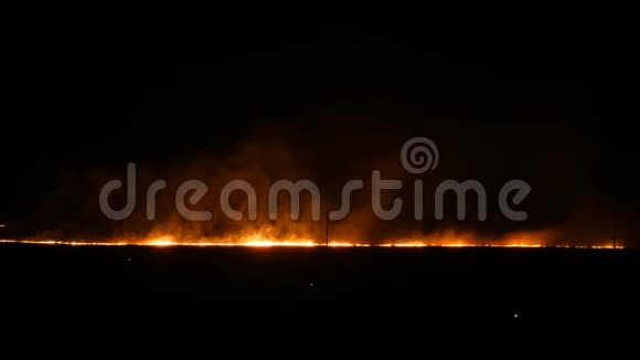 可怕的野火在地平线上的夜晚在田野视频的预览图