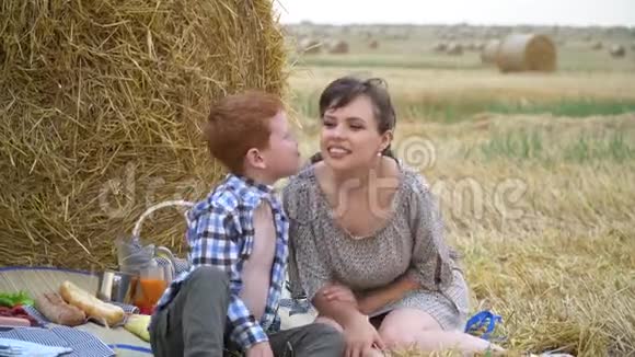 美丽的年轻女子带着红头发的儿子的儿子在麦田中央的干草堆附近野餐儿子视频的预览图