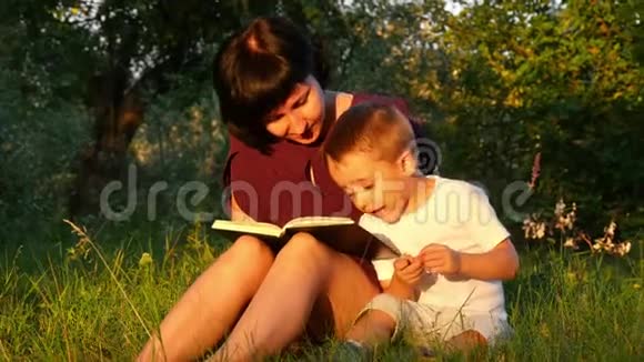 一对年轻的母子正坐在公园的一棵树下晒太阳读着一本书之间的关系视频的预览图