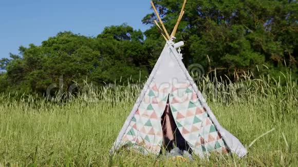 母子俩在森林里的帐篷里野餐视频的预览图