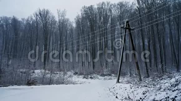 镜头移动在森林里的雪道上下雪了视频的预览图