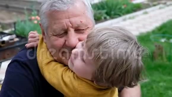 可爱的小男孩拥抱他的祖父夏天在户外视频的预览图