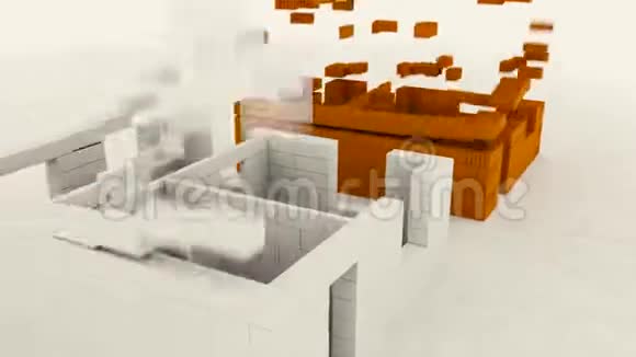 抽象建筑白色背景下的卡通砖房库存录像棕色和白色视频的预览图