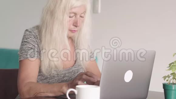 离退休老奶奶在家客厅用笔记本电脑特写镜头年老的商人视频的预览图