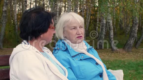 秋天公园里两位坐在长凳上说话的老妇人视频的预览图