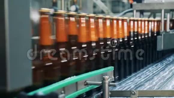通过输送机运输瓶装啤酒的侧视图视频的预览图