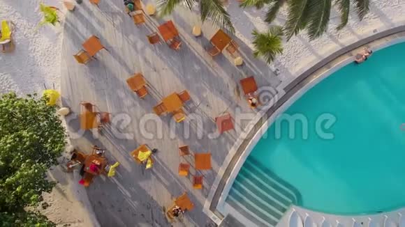热带岛屿上舒适的度假胜地美丽的游泳池和带雨伞的日光浴床视频的预览图