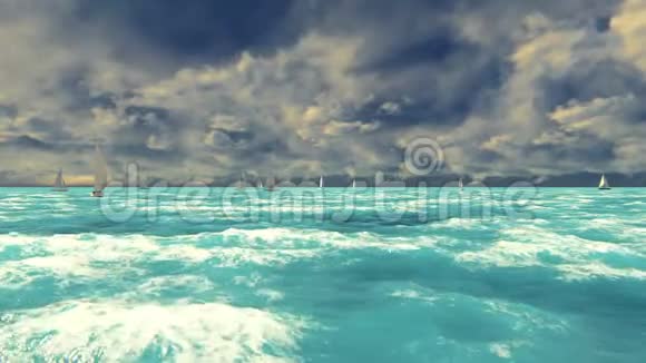 在阳光明媚的夏日用帆船观看蓝色的海洋夏季舞台视频的预览图