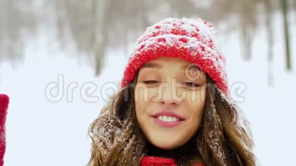冬季森林中的年轻女子视频博客视频的预览图