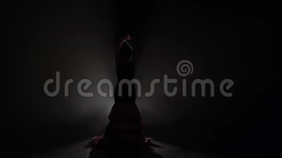 弗拉门戈女孩用她的身体跳平稳的动作从后面的光烟雾背景慢动作剪影视频的预览图