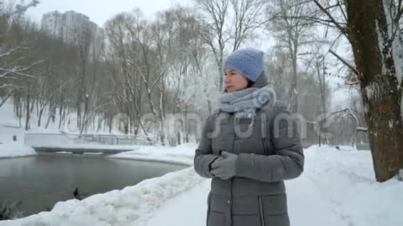 雪天独自在冬季公园散步的成年妇女视频的预览图