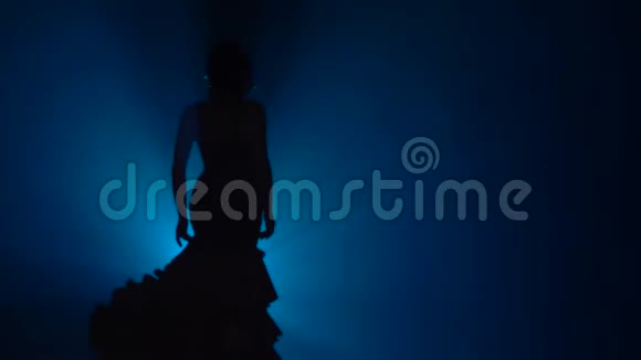 女人跳舞弗拉门戈动作从后面的光烟雾蓝色背景慢动作视频的预览图