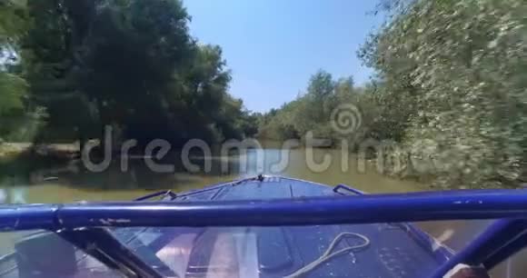 在乌克兰维尔科夫市多瑙河三角洲狭窄运河中高速航行的小型蓝色摩托艇视频的预览图