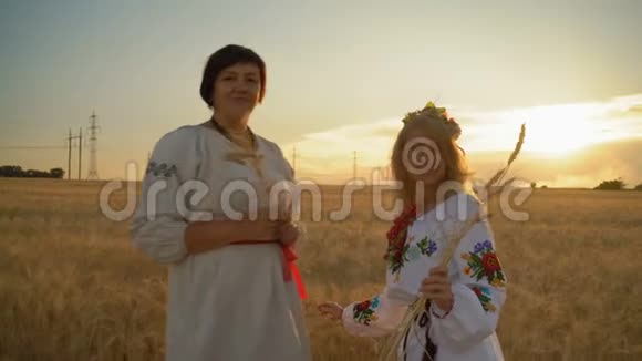 两名手持麦穗的全国妇女站在麦田里微笑视频的预览图