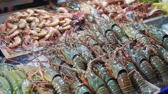 新鲜的海鲜龙虾虾螃蟹都在夜市柜台的冰中视频的预览图