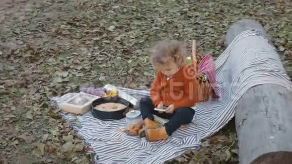 小可爱的宝贝在野餐时玩电话视频的预览图