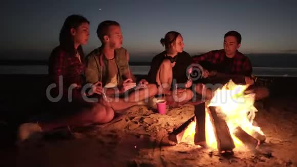 四个朋友一起在篝火附近的海滩上闲逛吃香肠喝酒弹吉他黑暗视频的预览图