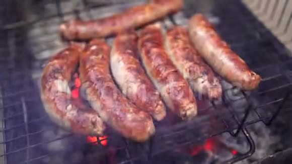 野炊烤火烤架上烤的生香肠视频的预览图