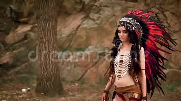 美丽的女孩是一个土著美国人穿着传统的服装与野狼散步阿拉斯加州视频的预览图