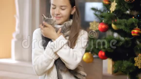 穿着毛衣与装饰圣诞树旁的小猫玩耍的快乐微笑女孩的肖像视频的预览图